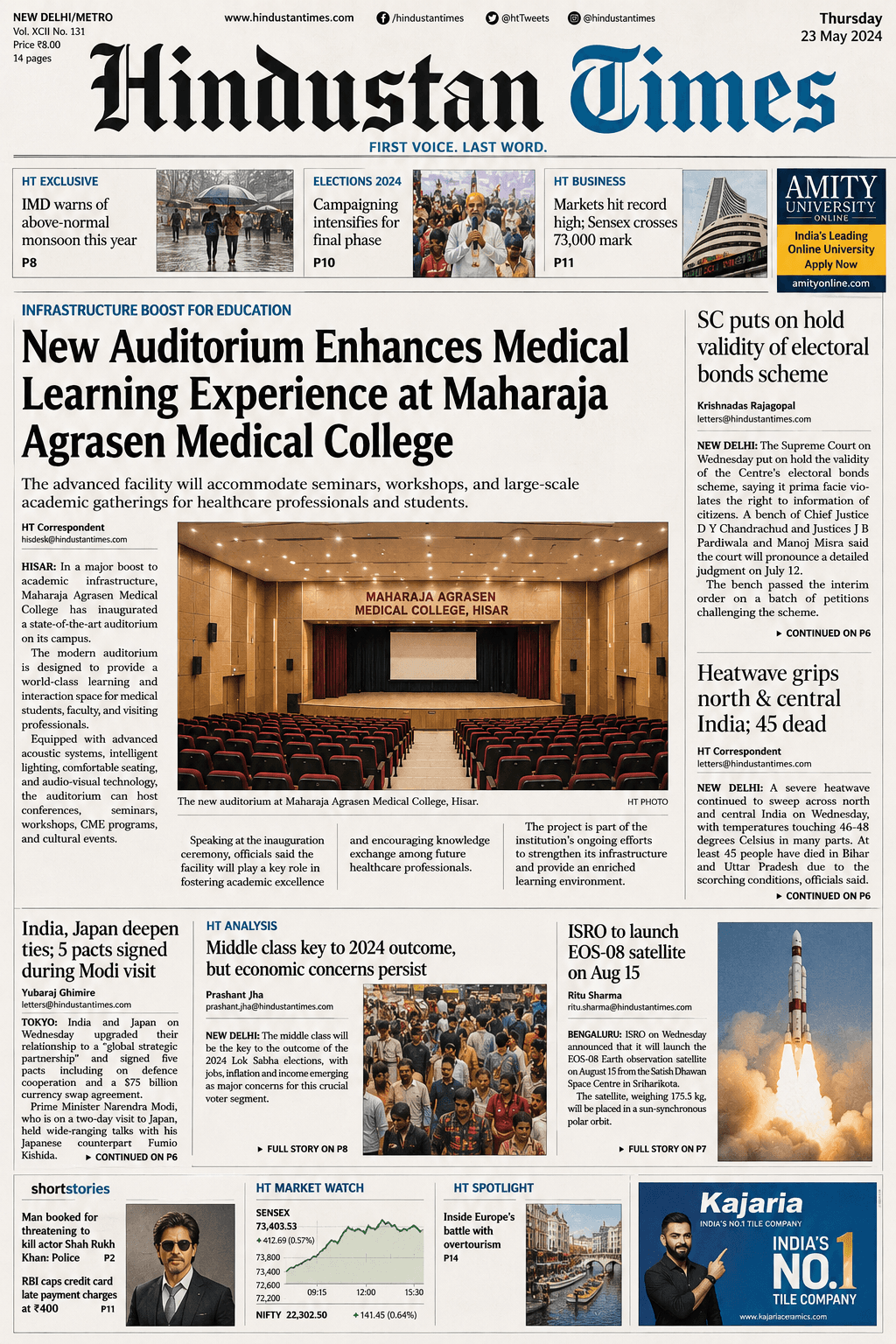 Hindustan Times front page feature on Maharaja Agrasen Medical College auditorium by Auditorium Works