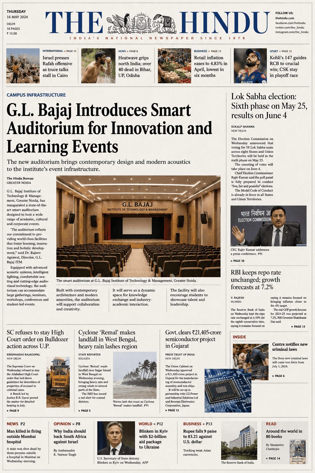 The Hindu newspaper feature on G.L. Bajaj Institute smart auditorium by Auditorium Works