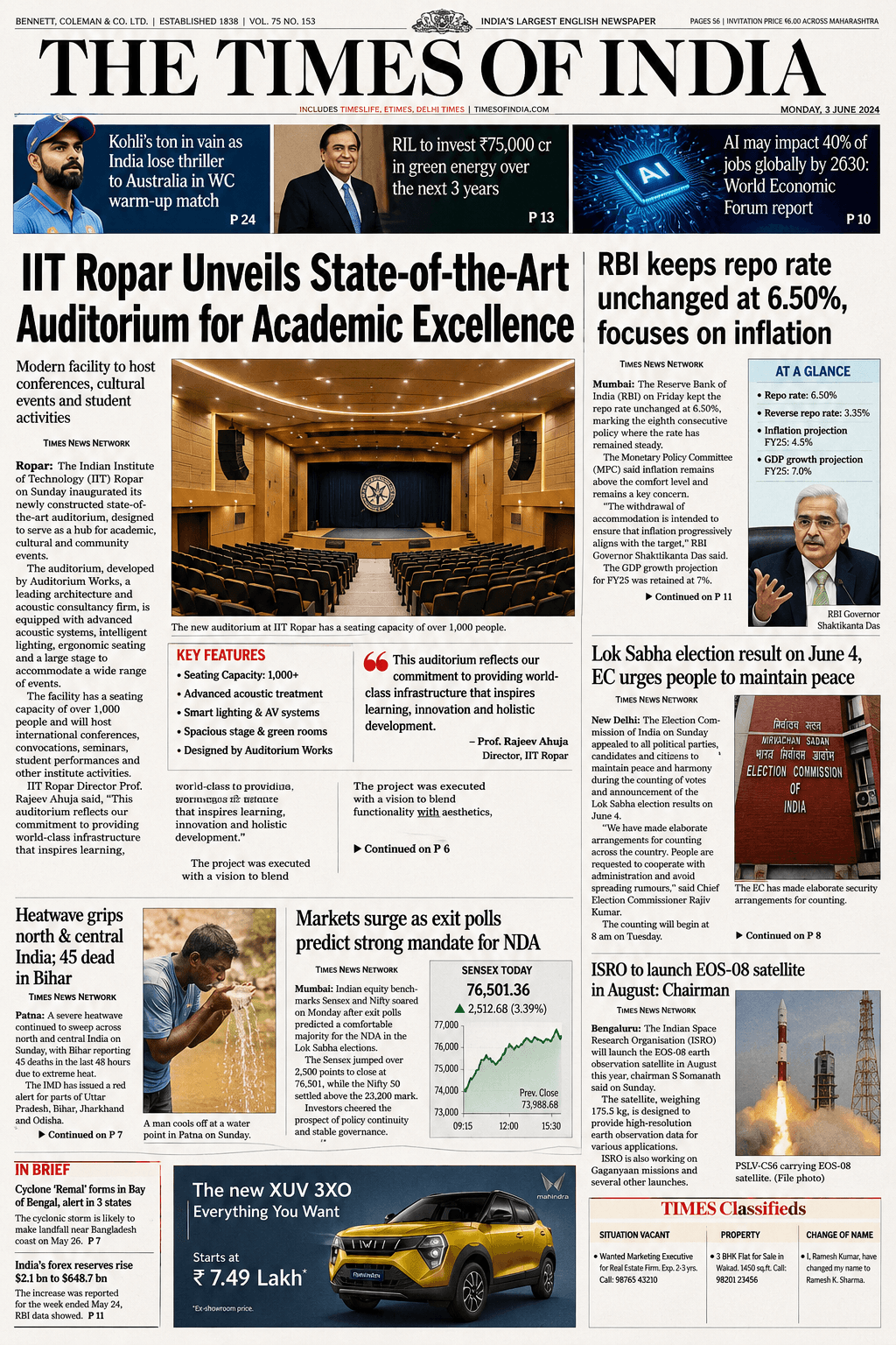 Times of India extended coverage of IIT Ropar auditorium project by Auditorium Works
